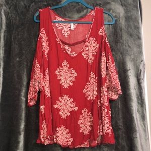 Cold Shoulder Red Patterned Top